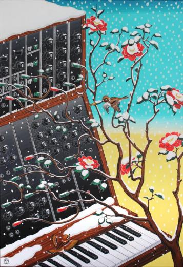 家電図 雪中シンセサイザーに椿に雀