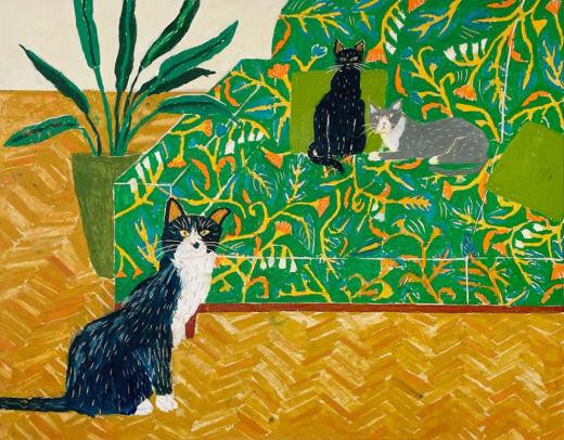 猫3匹と緑ソファとヘリンボーンの床の部屋